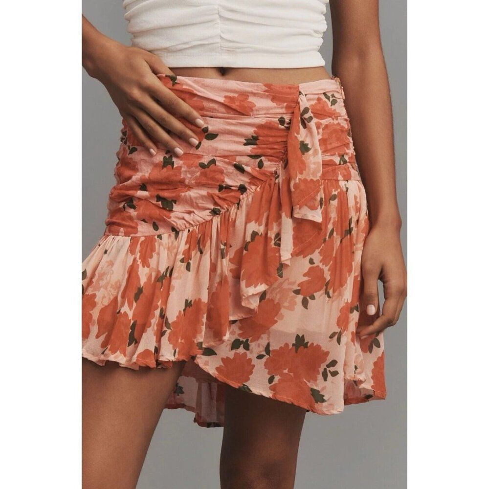 Anthropologie Maeve Ruffled Linen Wrap Mini Skirt Women’s Size 16 Pink Combo NWT